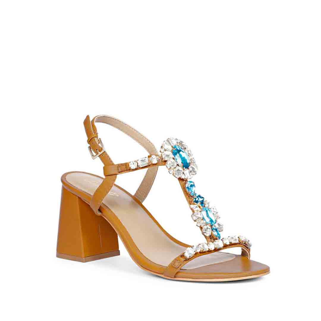 Saint Lucia Blue Stone Embellished Cuoio Leather Block Heels - Image 4