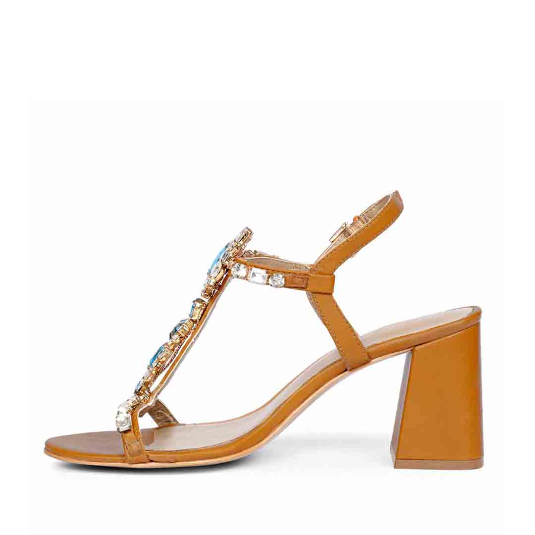 Saint Lucia Blue Stone Embellished Cuoio Leather Block Heels - Image 5