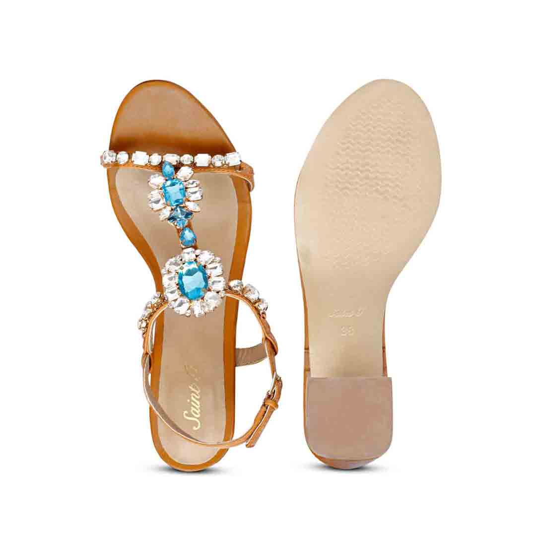 Saint Lucia Blue Stone Embellished Cuoio Leather Block Heels - Image 8