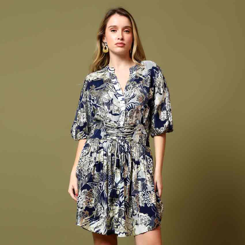 Saint Womens Blue Metallic Printed Viscose Lurex Short Dress