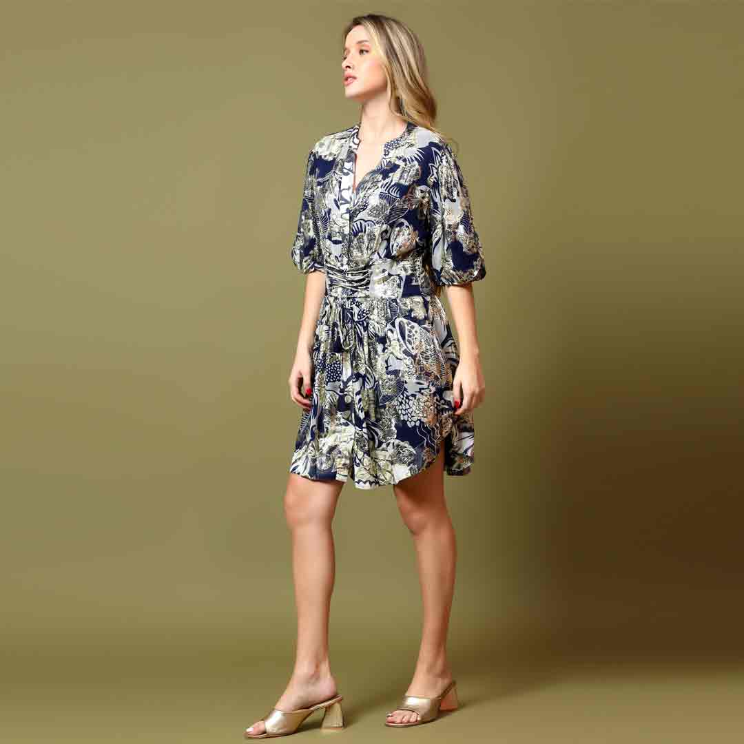 Saint Womens Blue Metallic Printed Viscose Lurex Short Dress - Image 2
