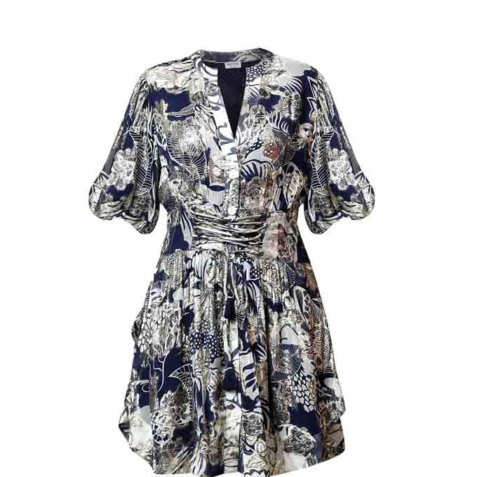 Saint Womens Blue Metallic Printed Viscose Lurex Short Dress - Image 5