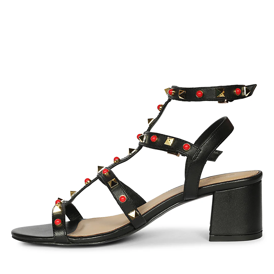 Saint Lucien Black Leather Studded Gladiator Block Heels - Image 3