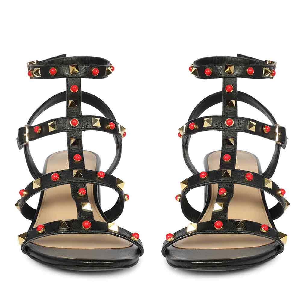 Saint Lucien Black Leather Studded Gladiator Block Heels - Image 4