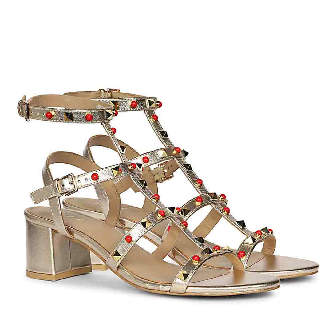 Saint Lucien Gold Leather Studded Gladiator Block Heels - Image 2