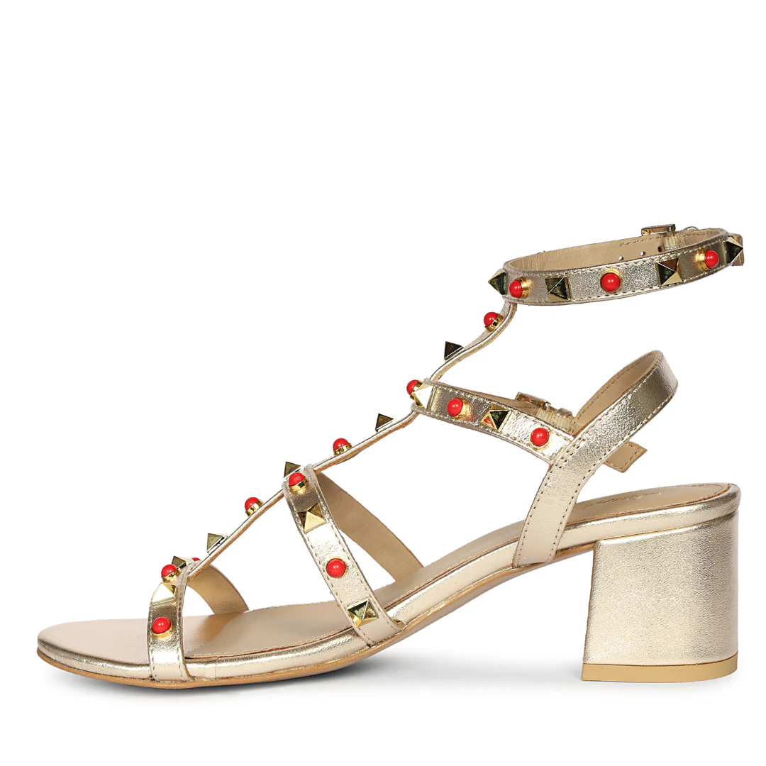 Saint Lucien Gold Leather Studded Gladiator Block Heels - Image 3