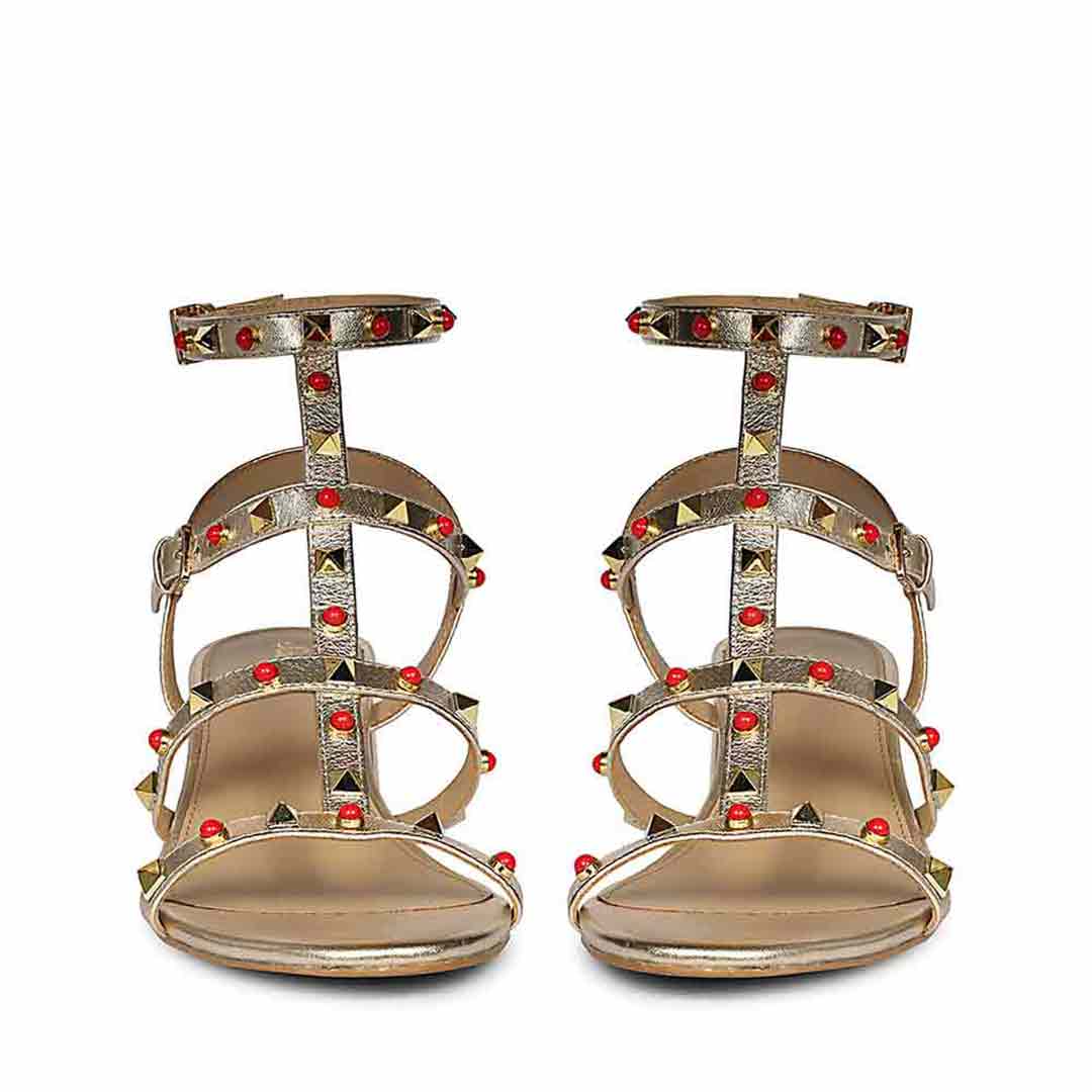Saint Lucien Gold Leather Studded Gladiator Block Heels - Image 4