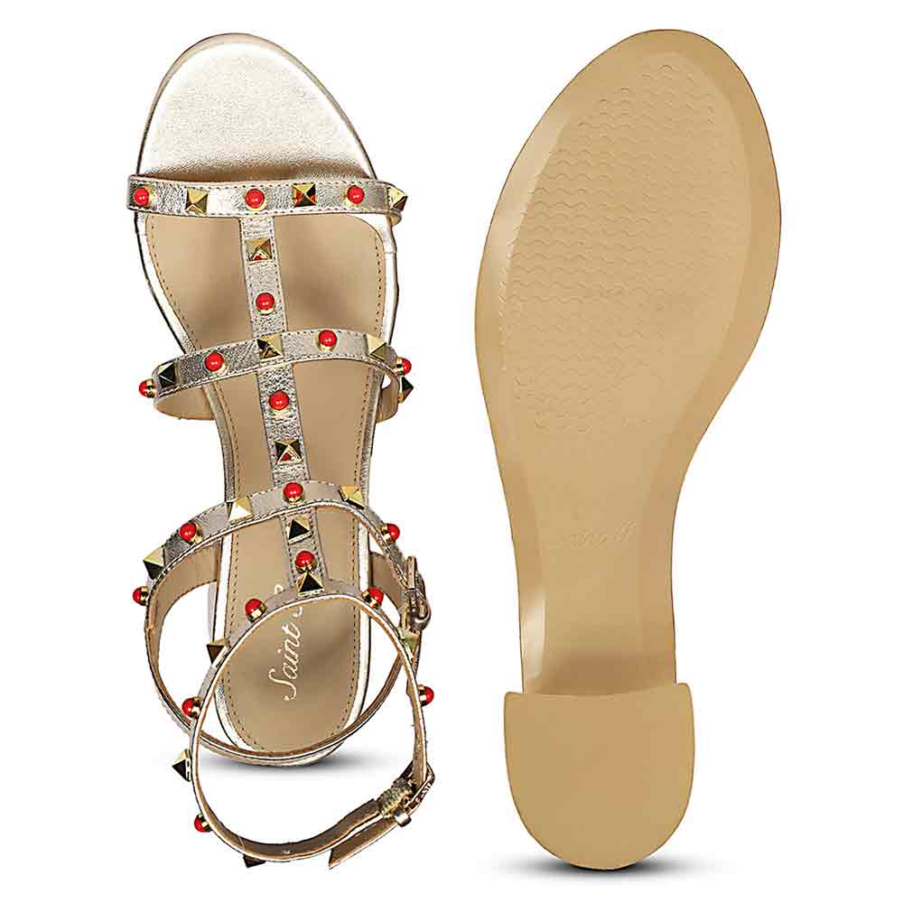 Saint Lucien Gold Leather Studded Gladiator Block Heels - Image 6
