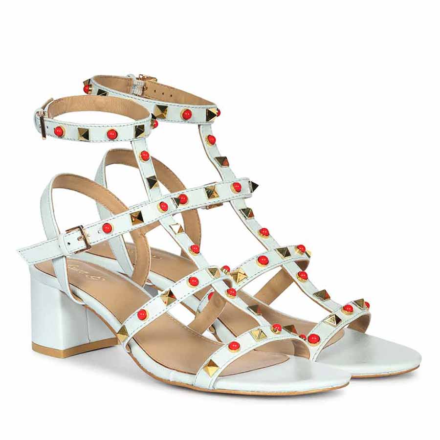 Saint Lucien Sky Blue Leather Studded Gladiator Block Heels - Image 2