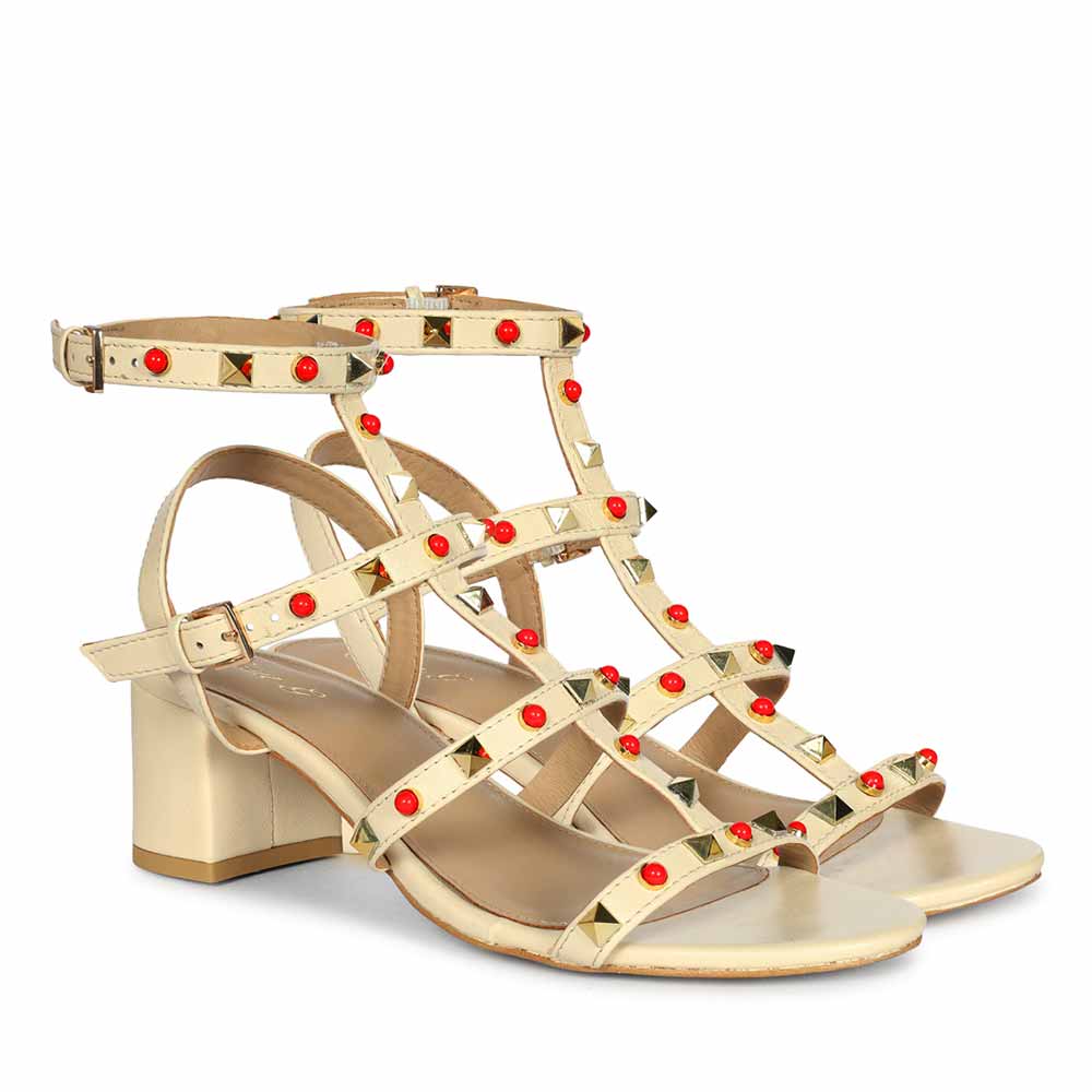 Saint Lucien Off White Leather Studded Gladiator Block Heels - Image 2