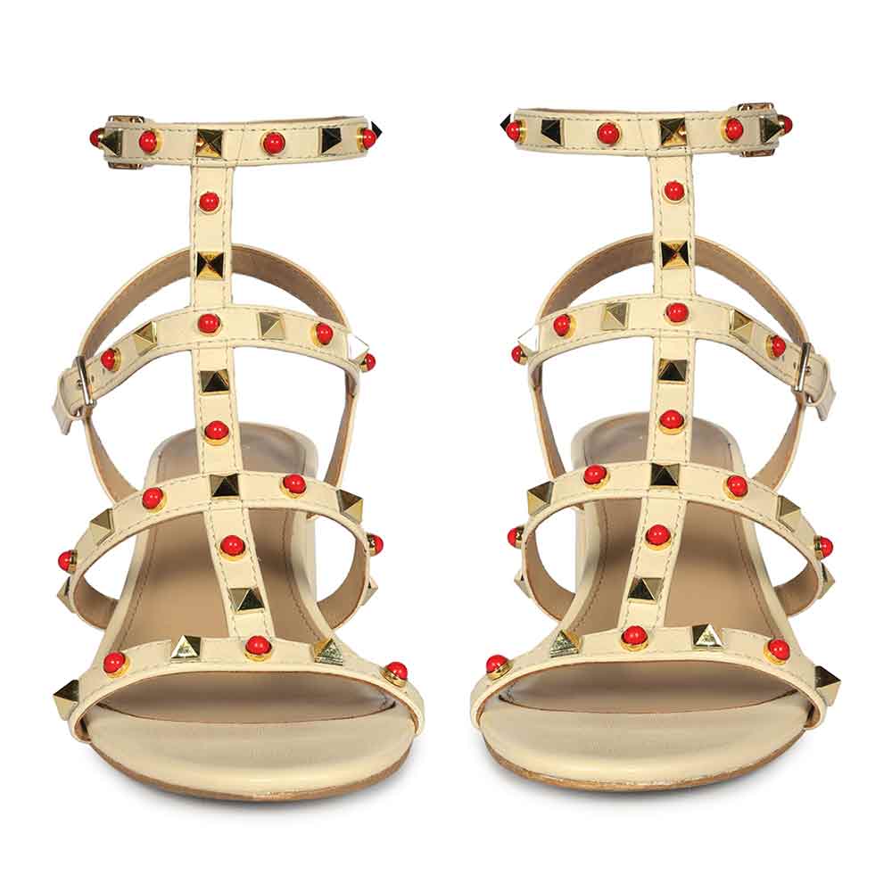 Saint Lucien Off White Leather Studded Gladiator Block Heels - Image 3