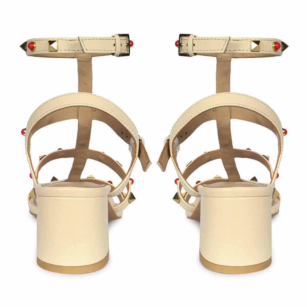 Saint Lucien Off White Leather Studded Gladiator Block Heels - Image 4