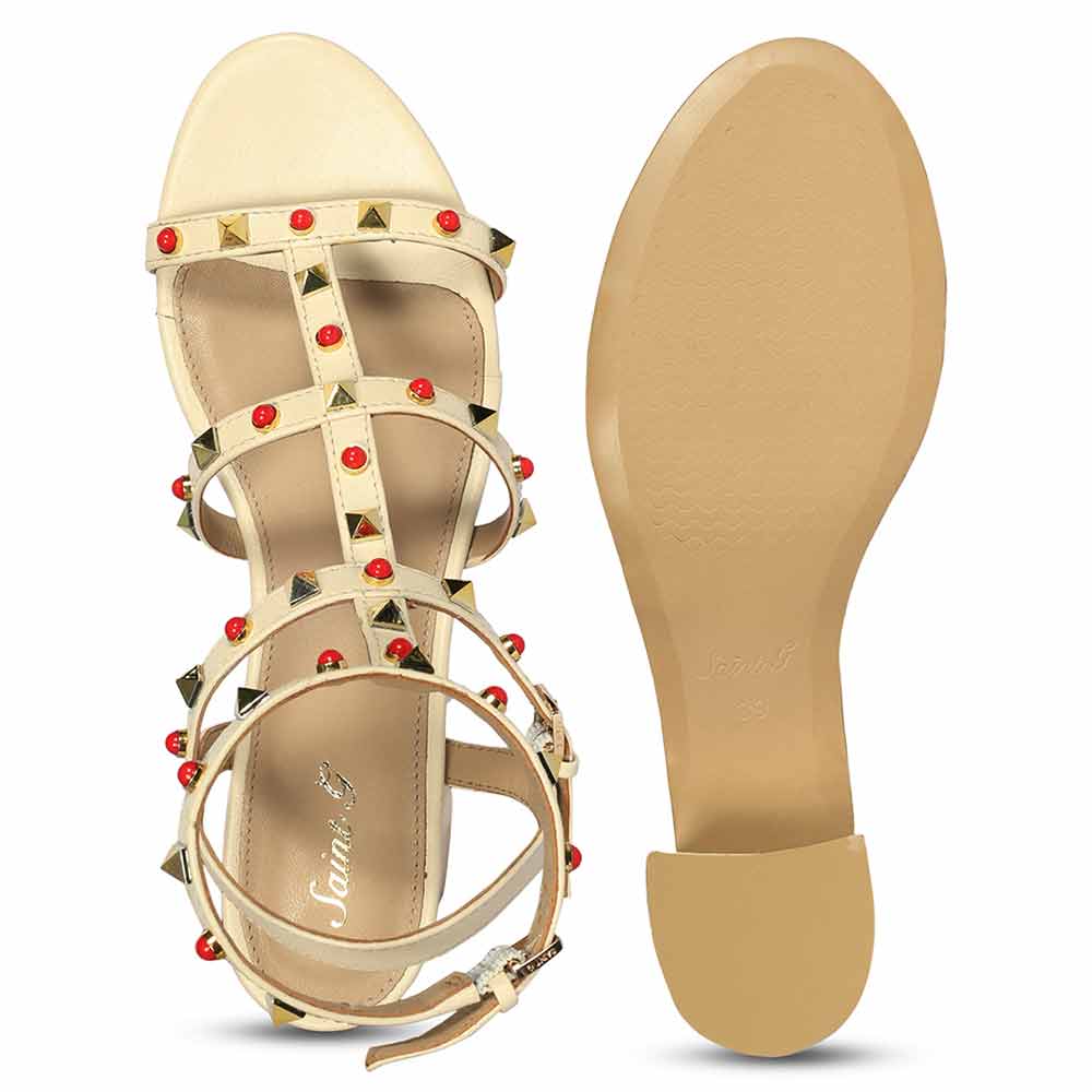 Saint Lucien Off White Leather Studded Gladiator Block Heels - Image 5