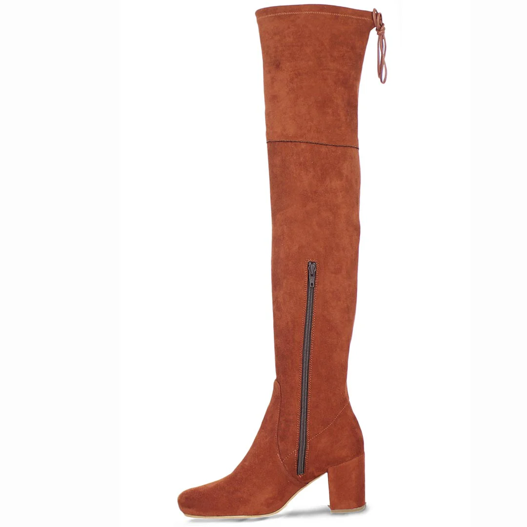 Saint Luisa Tan Stretch Suede Above The Knee Boots - Image 4