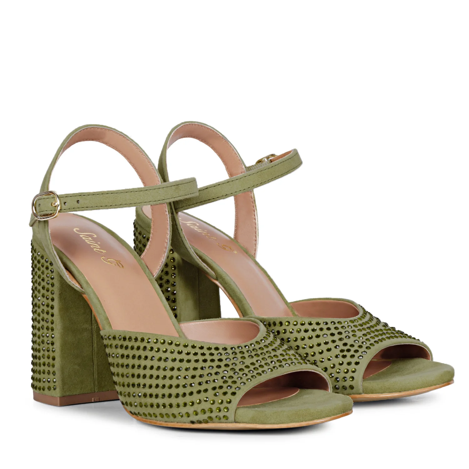 Saint Amaya Crystal Studs Safari Leather Block Heels - Image 3