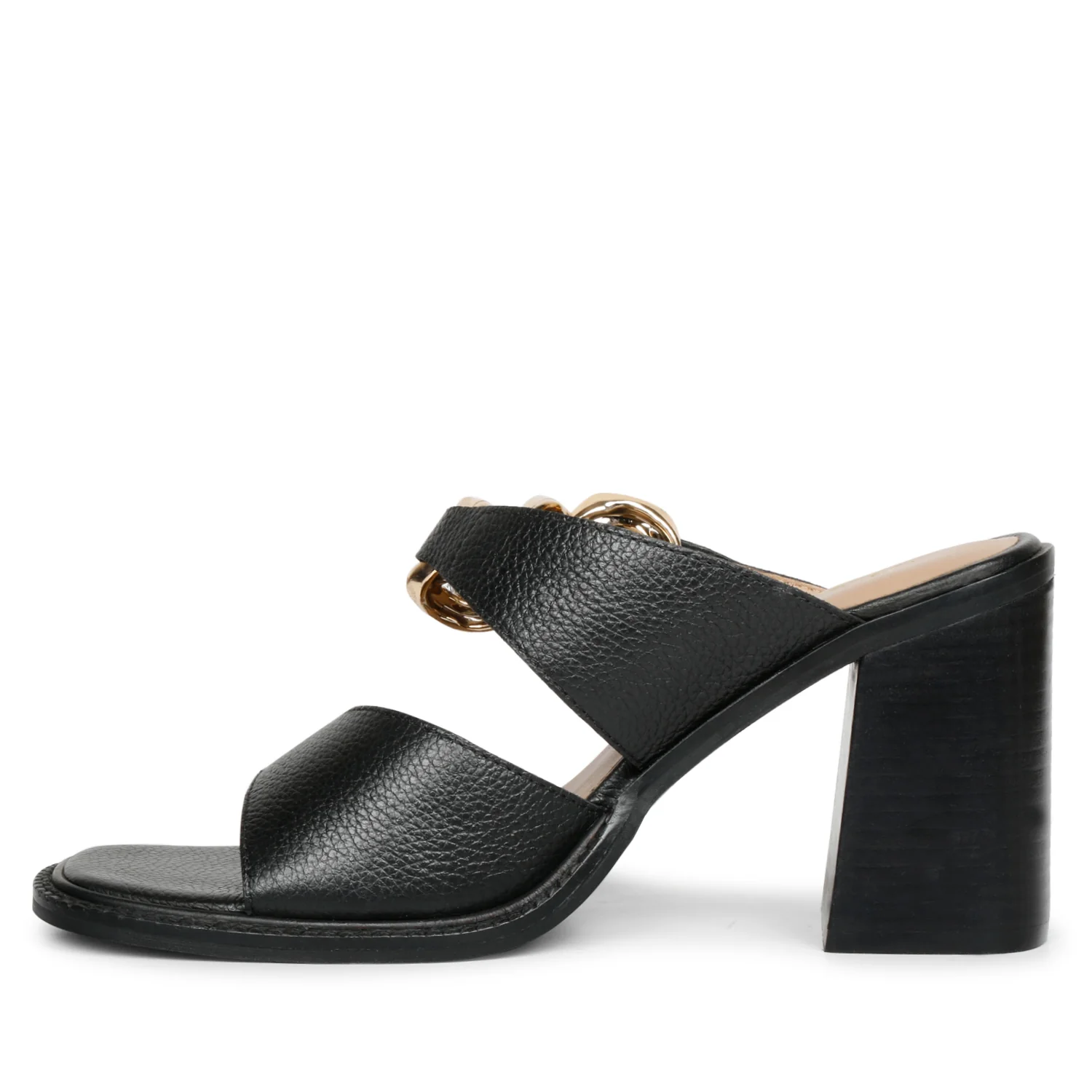 Saint Madrid Gold Chain Embellished Black Leather Block Heels - Image 4