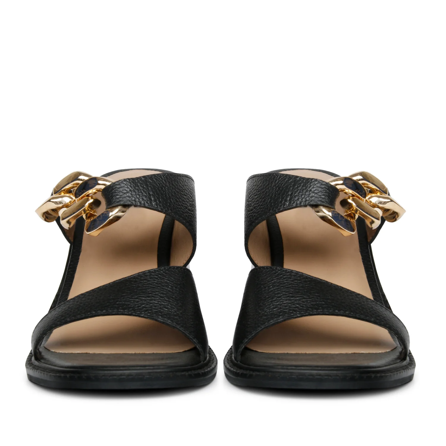 Saint Madrid Gold Chain Embellished Black Leather Block Heels - Image 5