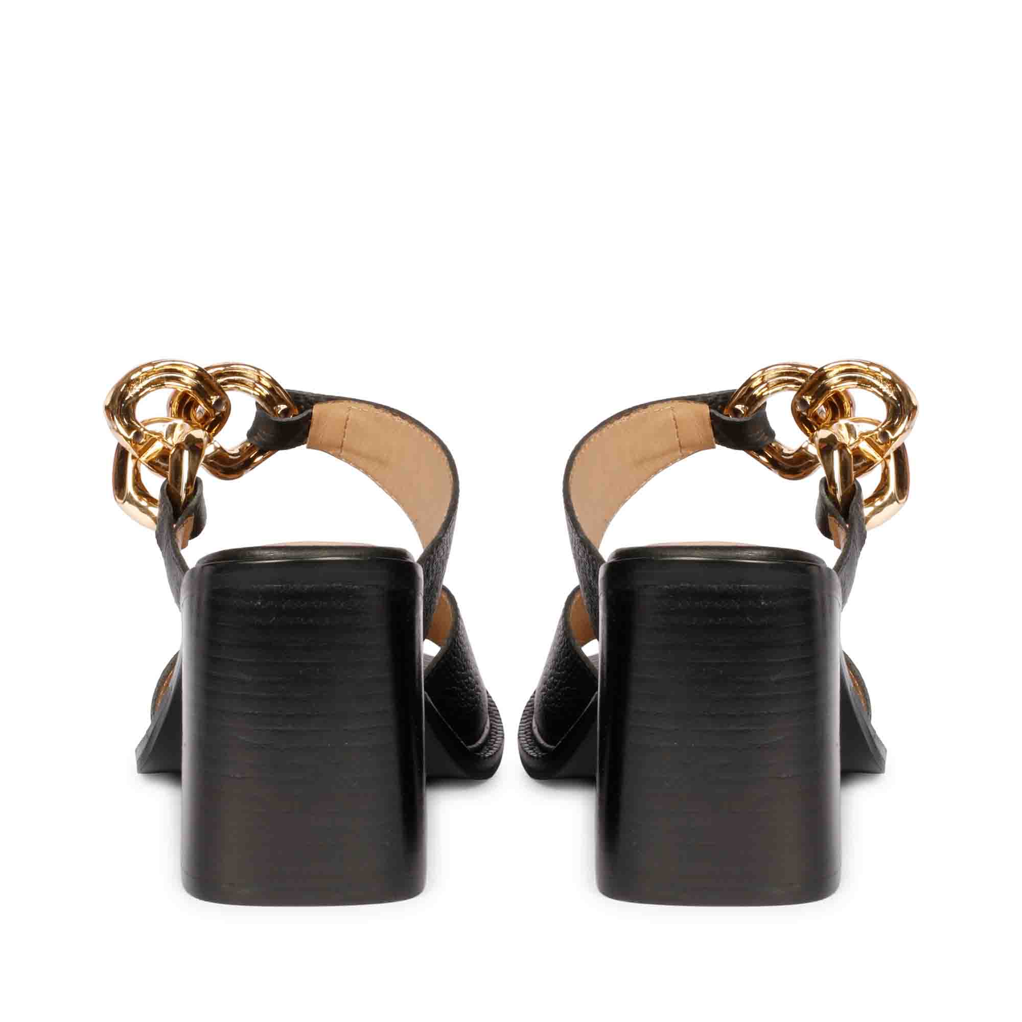 Saint Madrid Gold Chain Embellished Black Leather Block Heels - Image 6