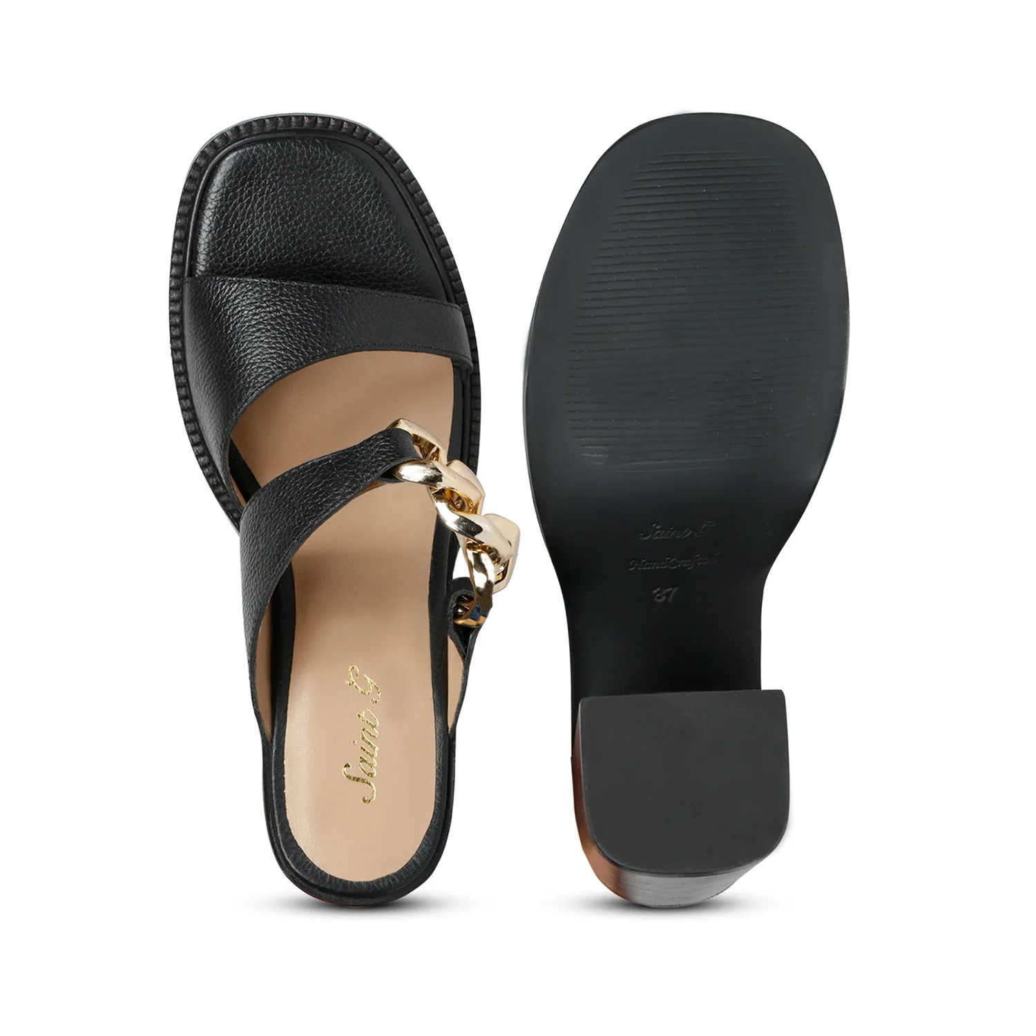 Saint Madrid Gold Chain Embellished Black Leather Block Heels - Image 7