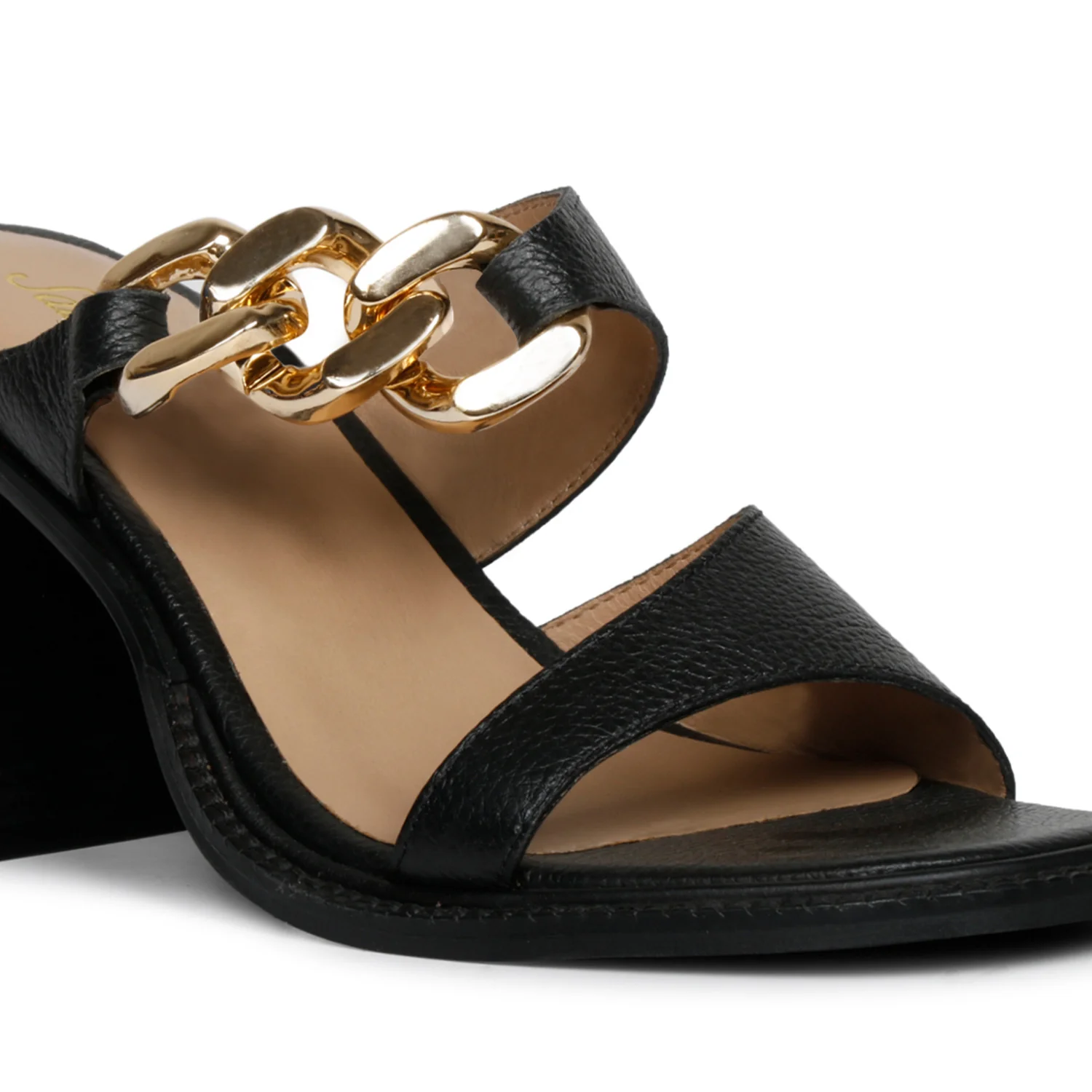 Saint Madrid Gold Chain Embellished Black Leather Block Heels - Image 8