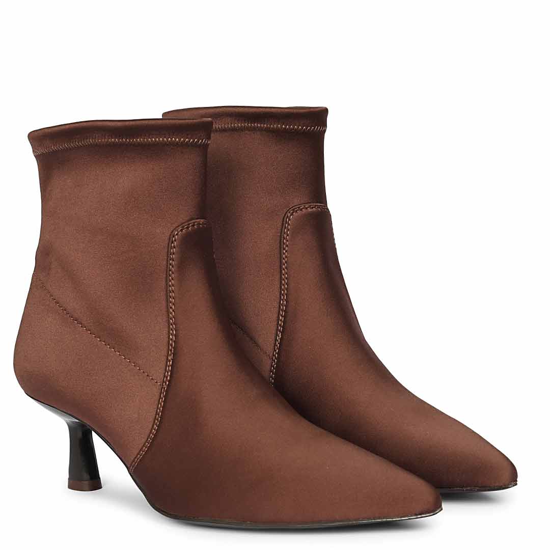 Saint Mae Brown Stretch Satin Kitten Heel Ankle Boots - Image 2