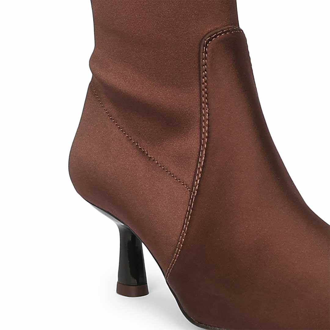 Saint Mae Brown Stretch Satin Kitten Heel Long Boots - Image 6