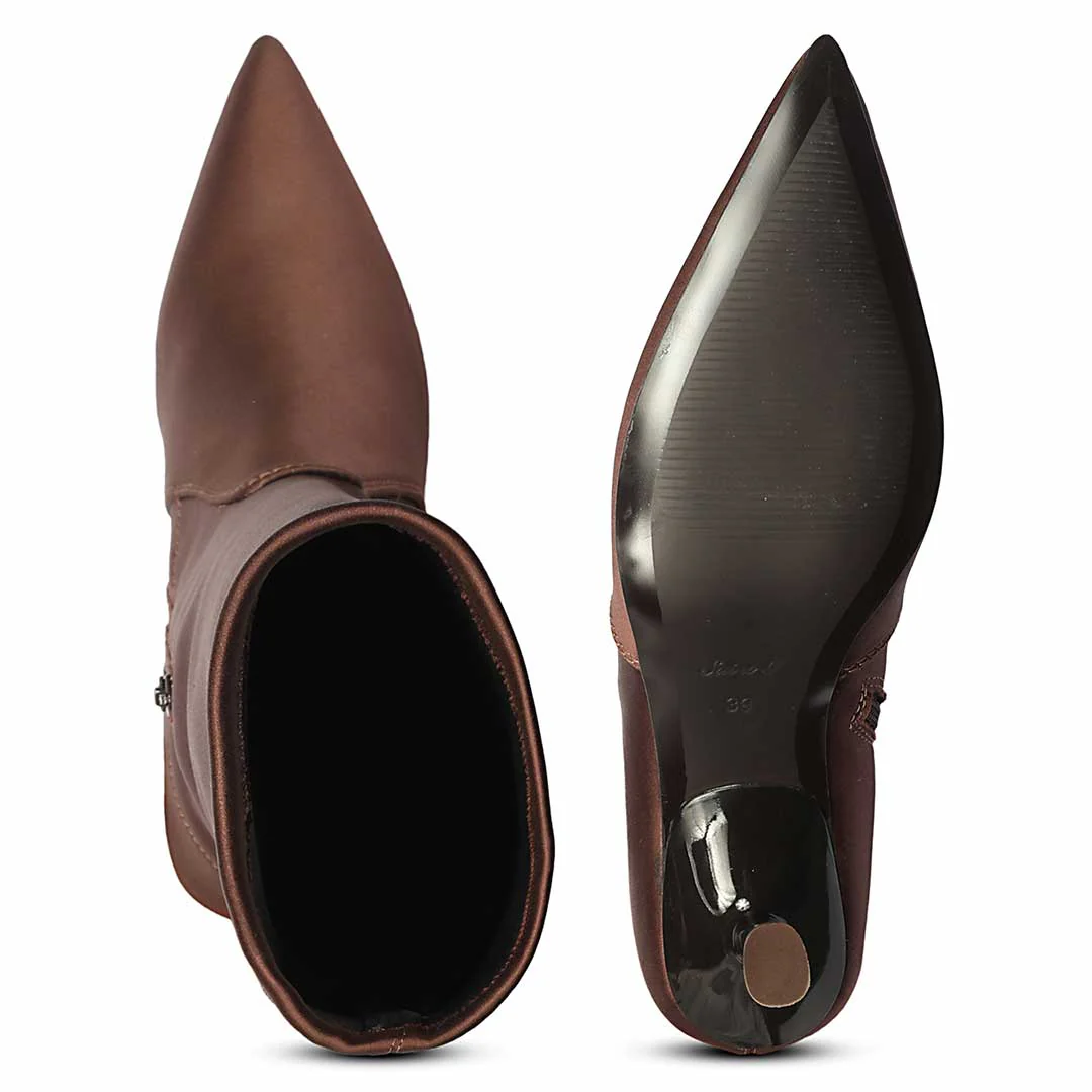 Saint Mae Brown Stretch Satin Kitten Heel Long Boots - Image 7