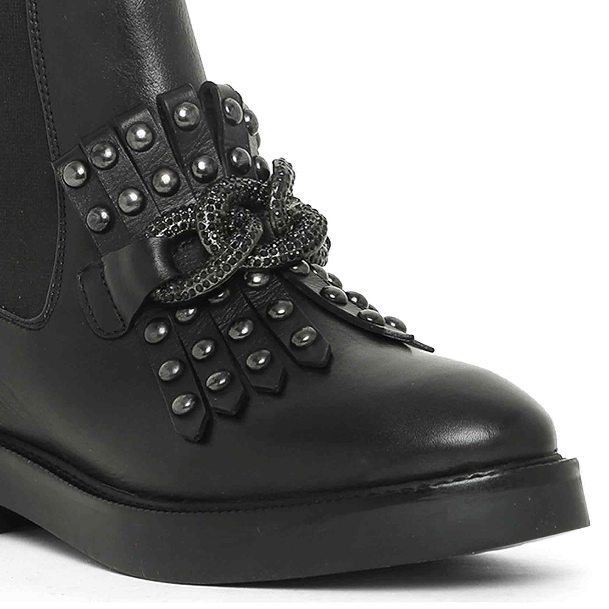 Saint Maeve Black Leather Decor Chain Link Studded Boots - Image 7