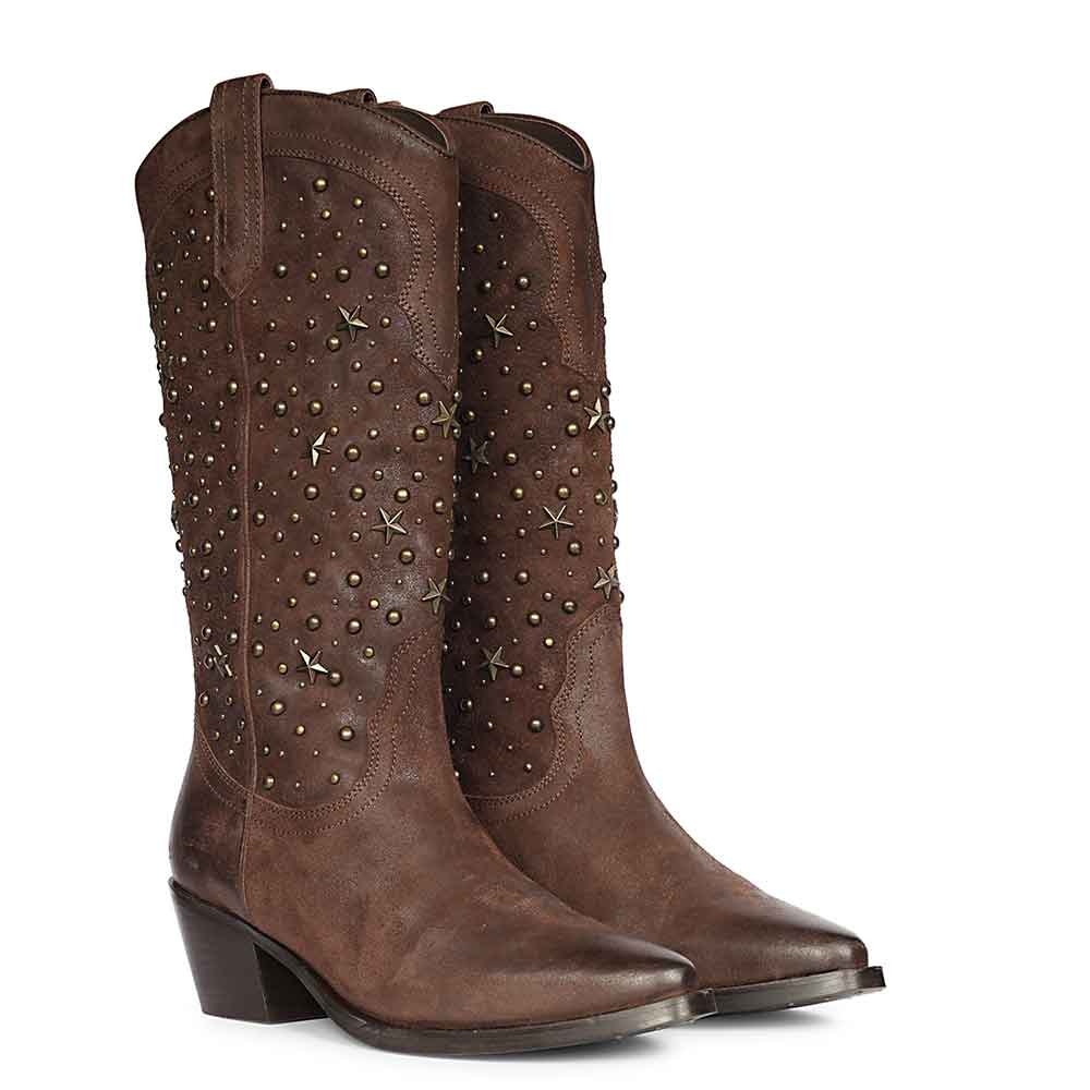 Saint Maeve Studded Brown Leather Cowboy Boots - Image 2