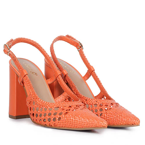 Saint Malea Orange Hand Woven Leather Block Heels - Image 3