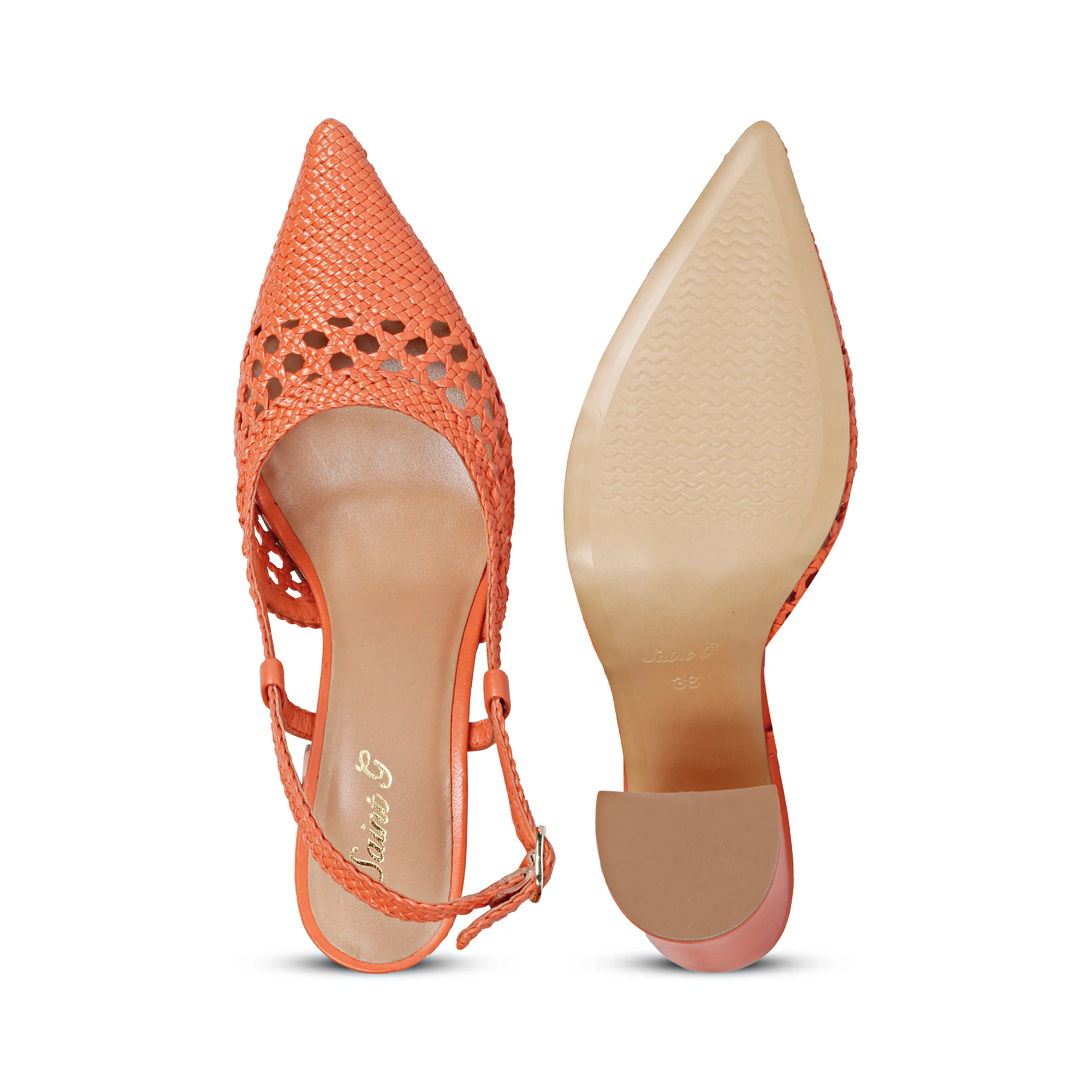 Saint Malea Orange Hand Woven Leather Block Heels - Image 7