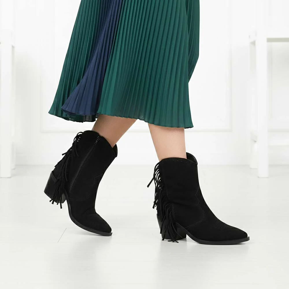 Saint Manon Black Suede Leather Fringe Ankle Boots - Image 2