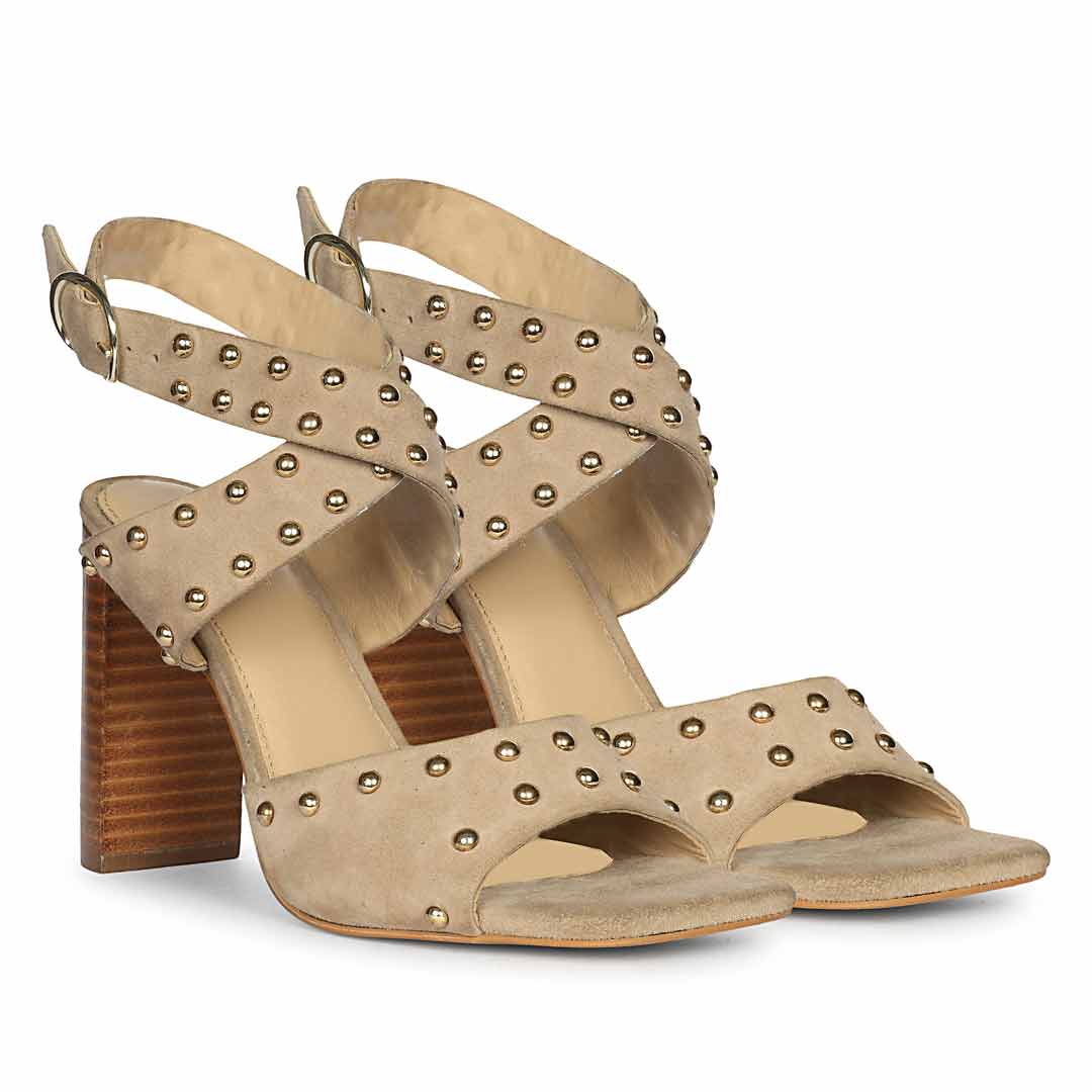 Saint Maren Studded Taupe Suede Leather Heels - Image 2