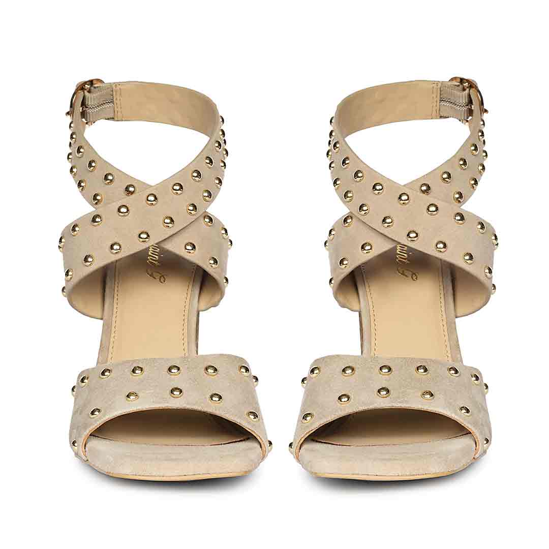 Saint Maren Studded Taupe Suede Leather Heels - Image 4