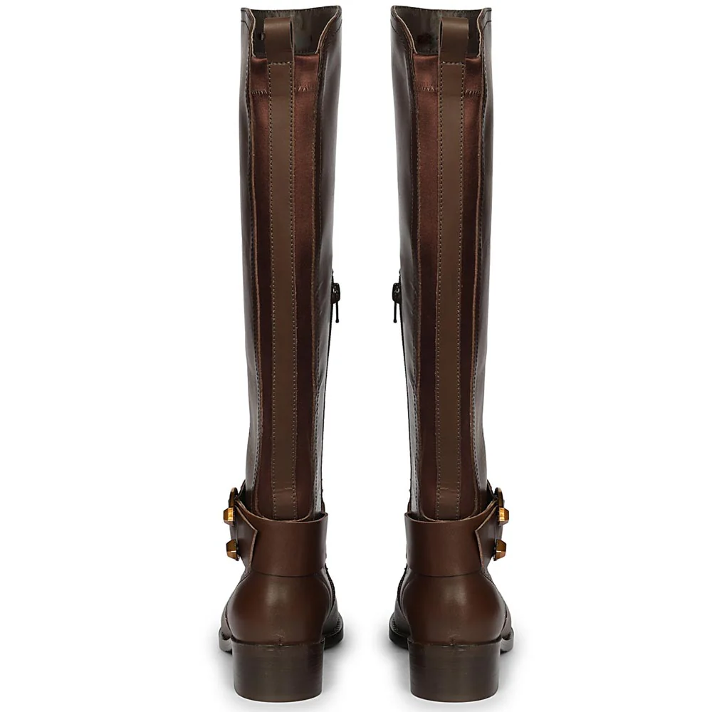 Saint Marisa Gold Buckle Decorative Brown Leather Long Boots - Image 4