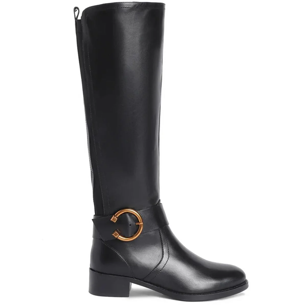 Saint Marisa Gold Buckle Decorative Black Leather Long Boots