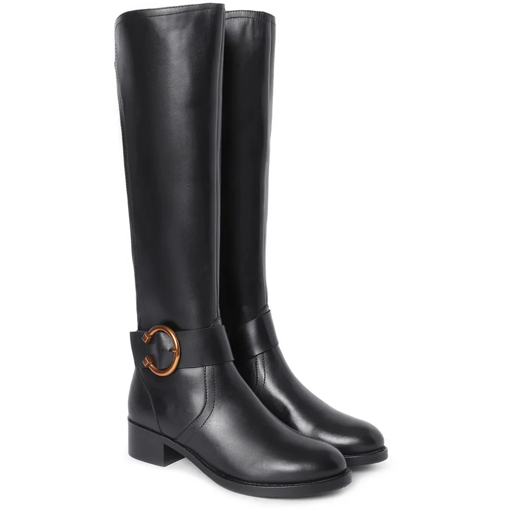 Saint Marisa Gold Buckle Decorative Black Leather Long Boots - Image 3