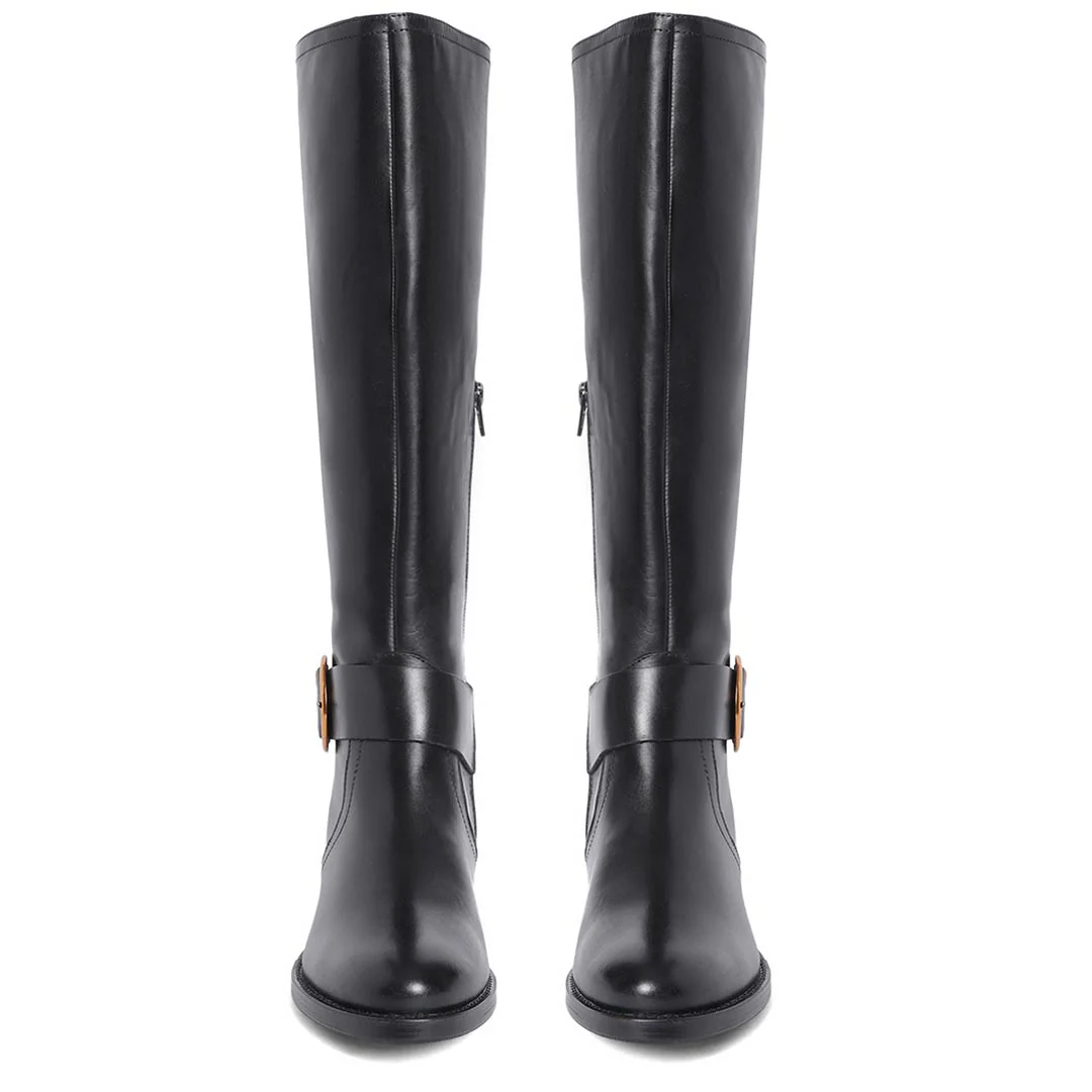 Saint Marisa Gold Buckle Decorative Black Leather Long Boots - Image 5