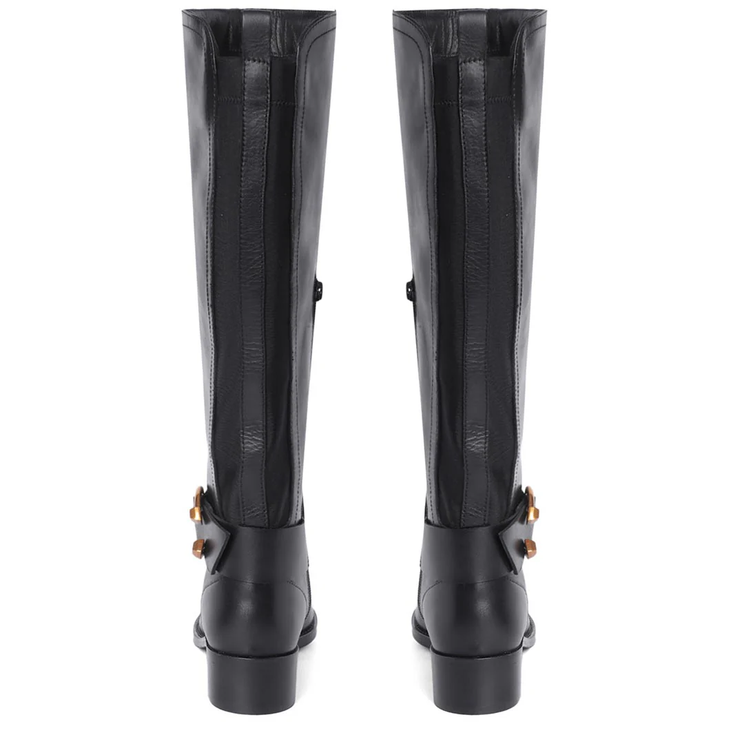 Saint Marisa Gold Buckle Decorative Black Leather Long Boots - Image 6