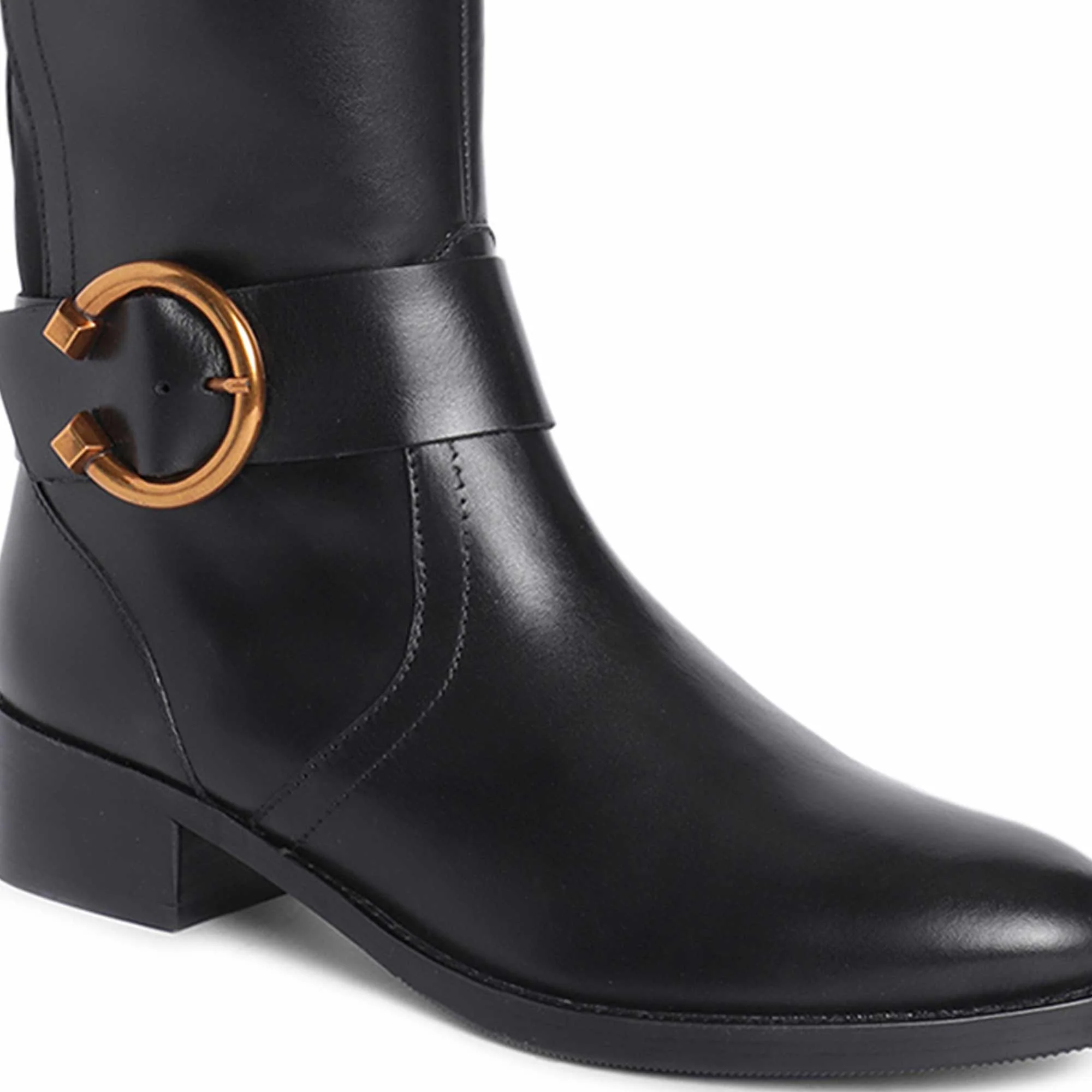Saint Marisa Gold Buckle Decorative Black Leather Long Boots - Image 8
