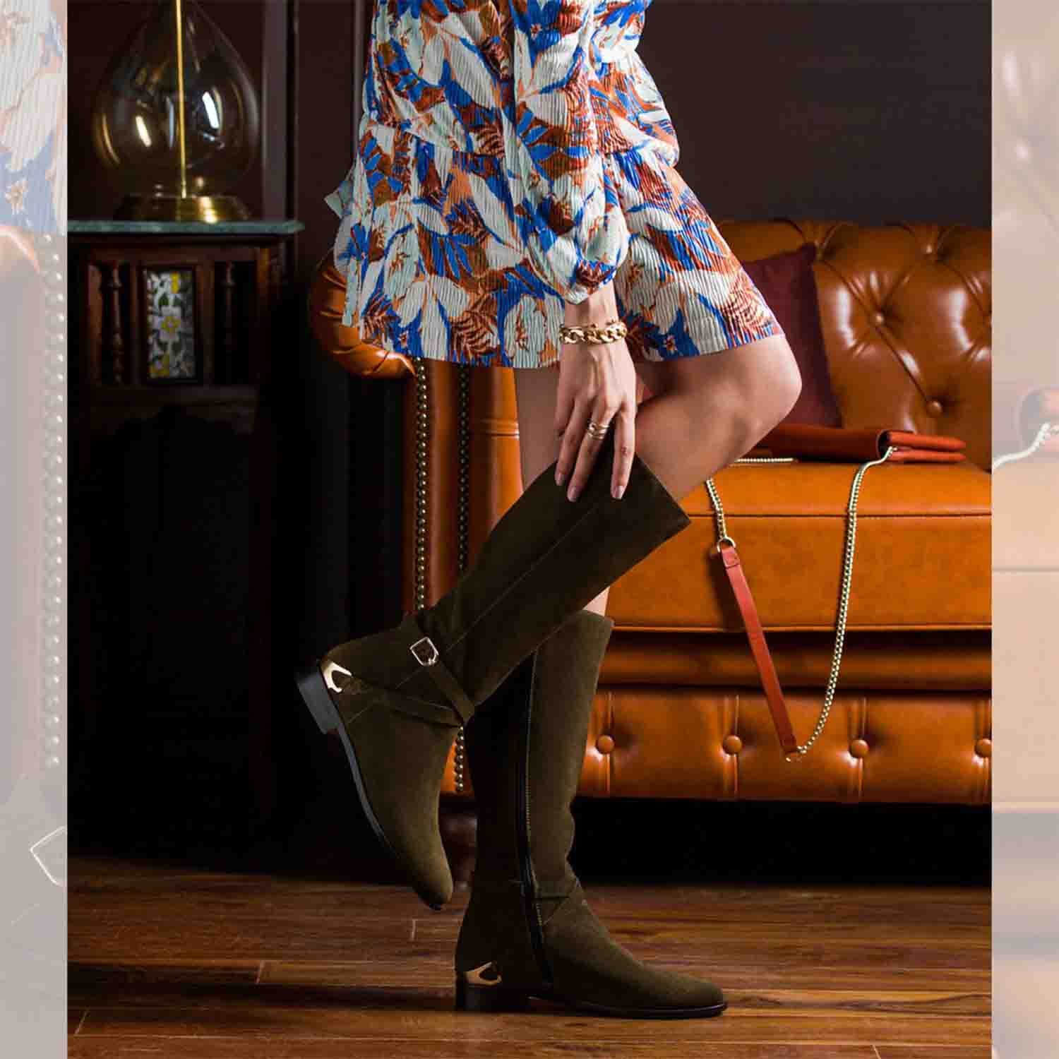 Saint Damaris Suede Olive Decorative Leather Knee High Boots - Image 2