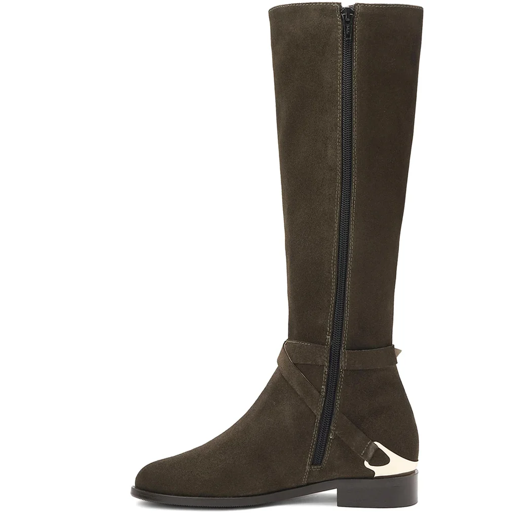 Saint Damaris Suede Olive Decorative Leather Knee High Boots - Image 4