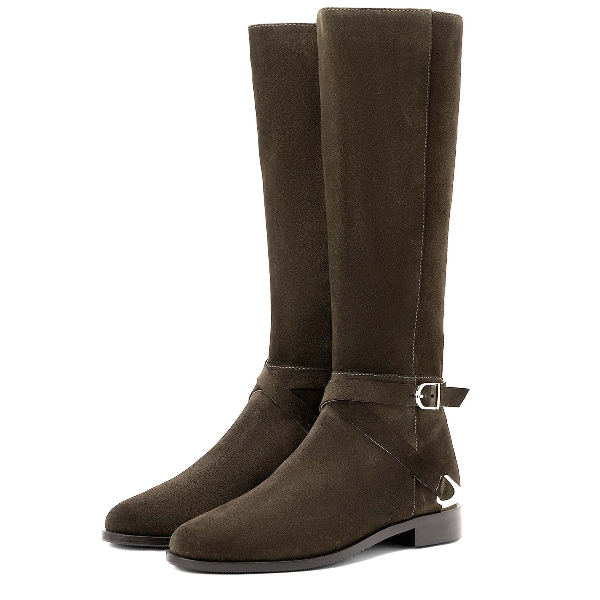Saint Damaris Suede Olive Decorative Leather Knee High Boots - Image 5