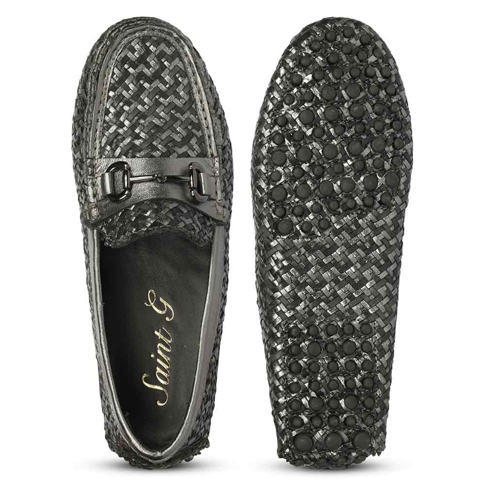 Saint Aurora Gunmetal Black Handwoven Leather Horsebit Loafers - Image 6