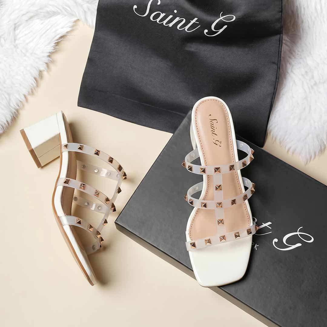 Saint Mavis Gold Studs White Block Heels - Image 2