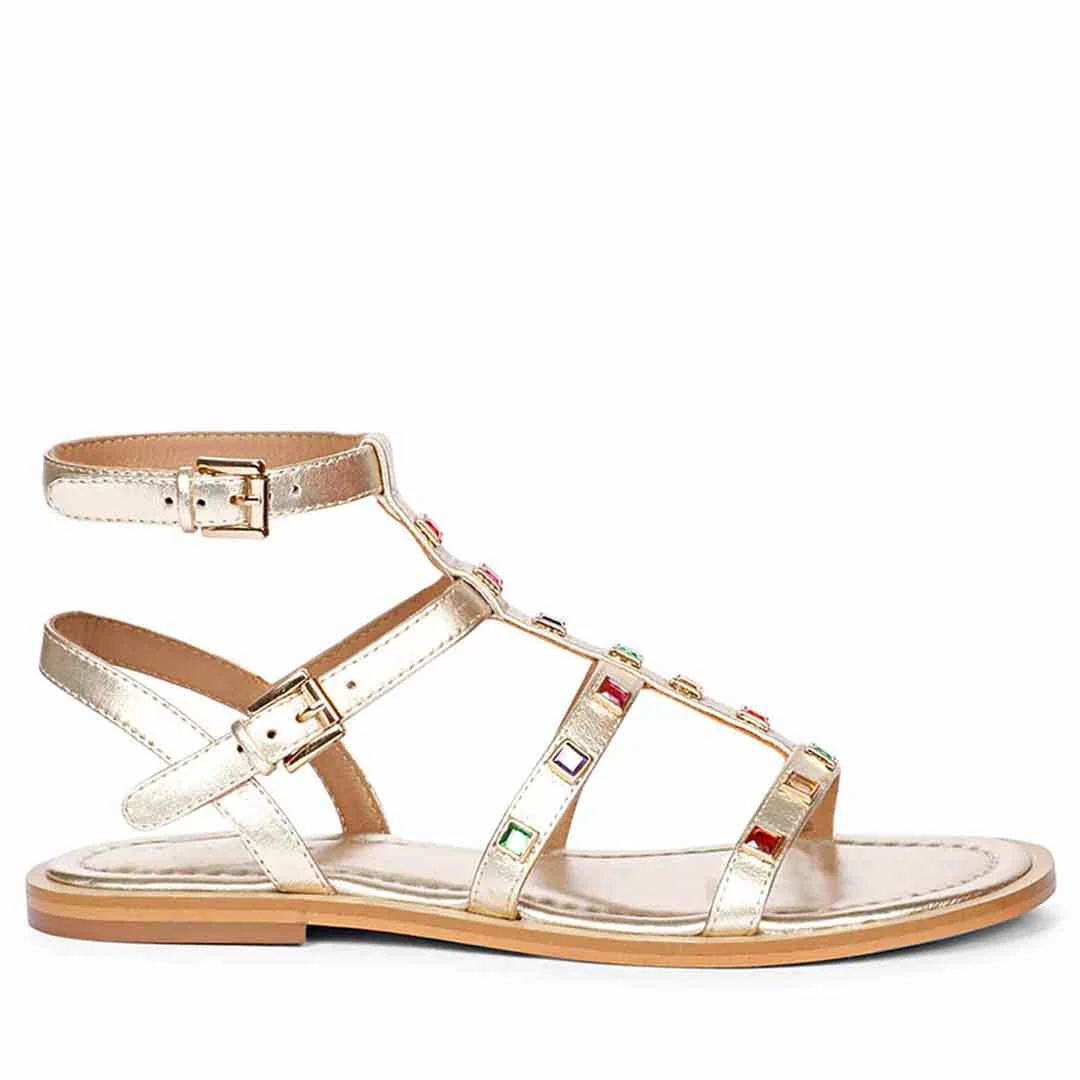 Saint Melina Multi Stone Studded Gold Leather Sandals