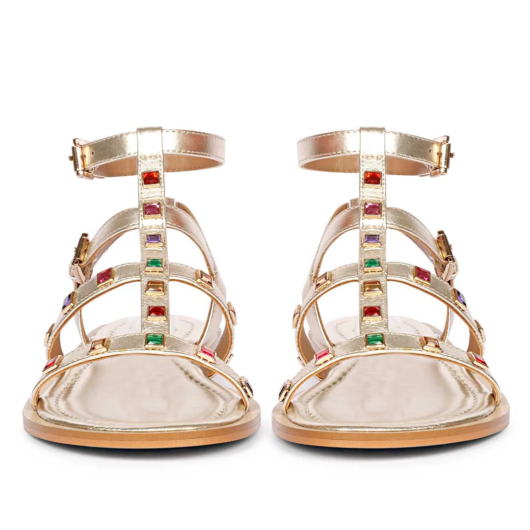 Saint Melina Multi Stone Studded Gold Leather Sandals - Image 5