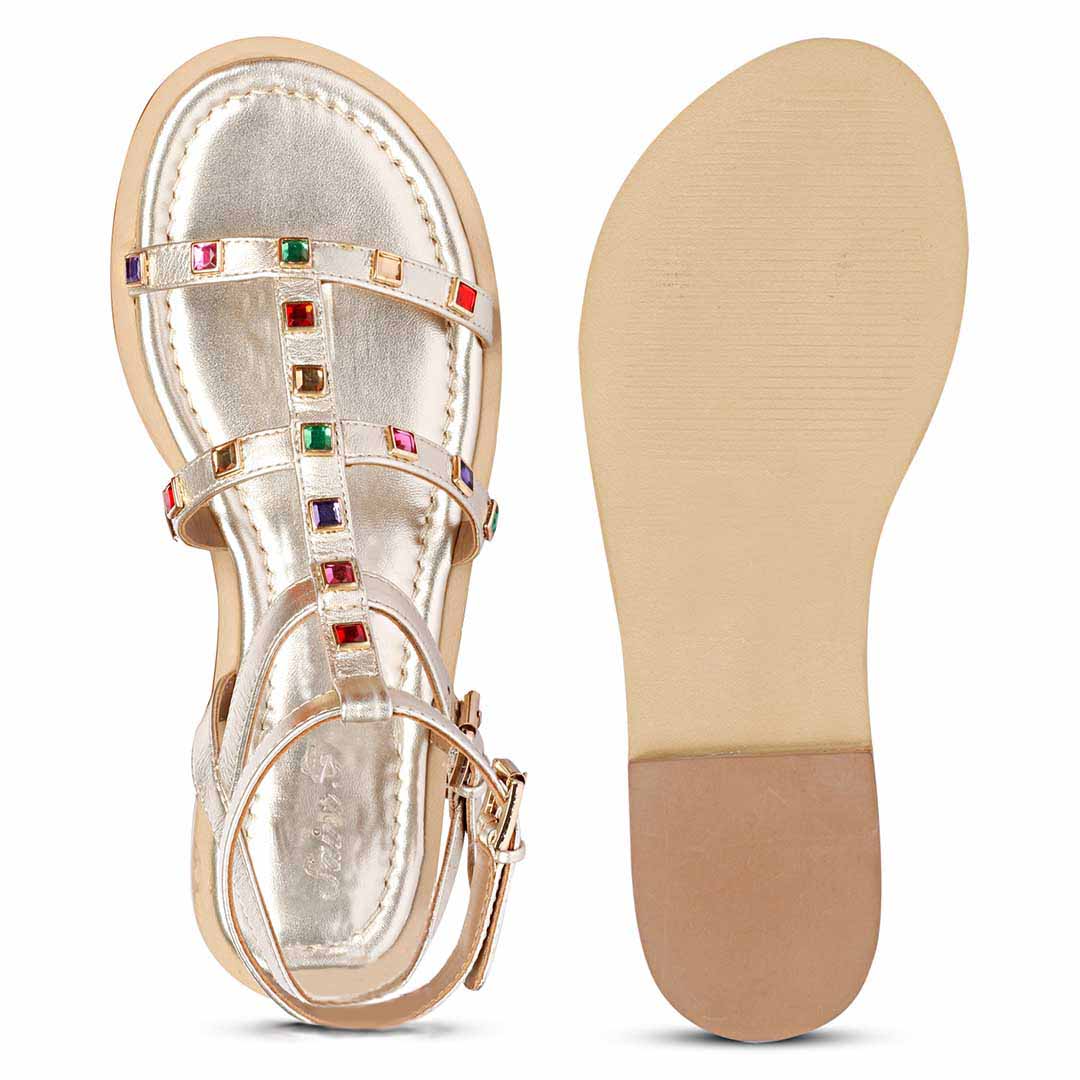 Saint Melina Multi Stone Studded Gold Leather Sandals - Image 7