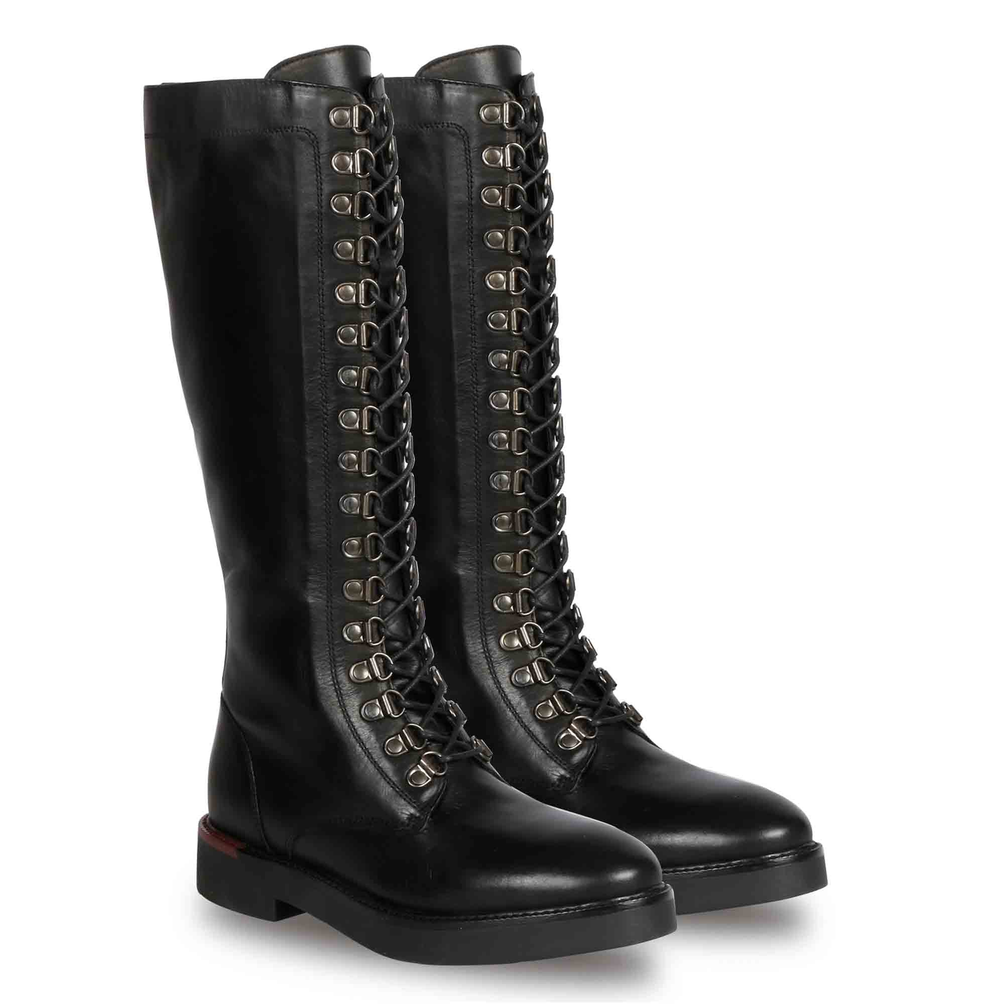 Saint Mercello Lace Up Black Leather High Tongue Tall Boots - Image 3