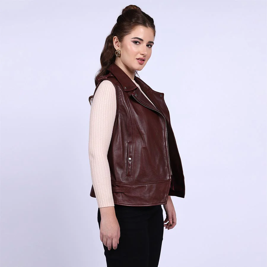 Saint Micaela Burgundy Leather Women Collar Jackets - Image 3